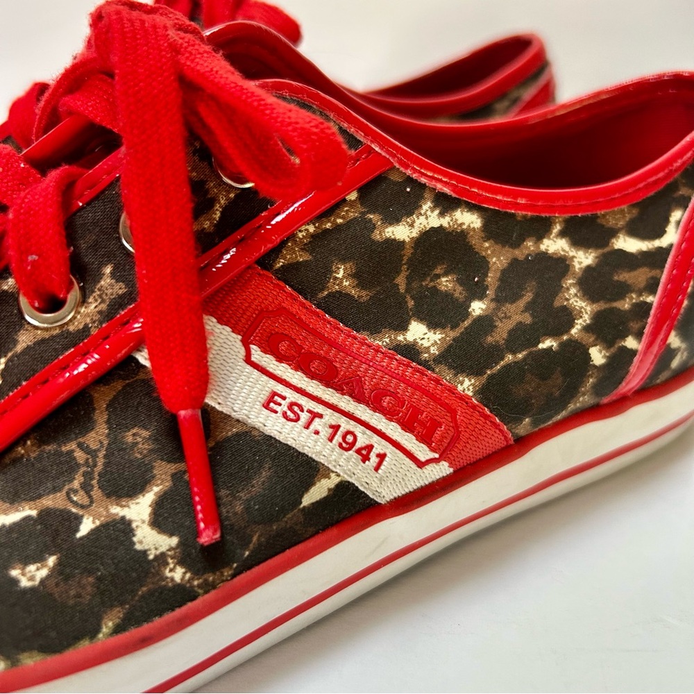 COACH DEJA Canvas Leopard Print Red Trim Sneakers Womens size 9.5M - Picture 2 of 9